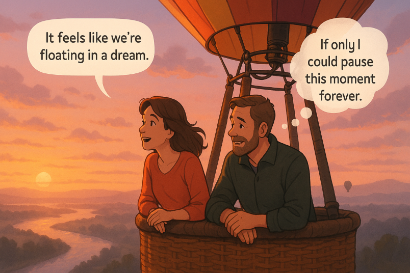Couple in hot air balloon at sunrise