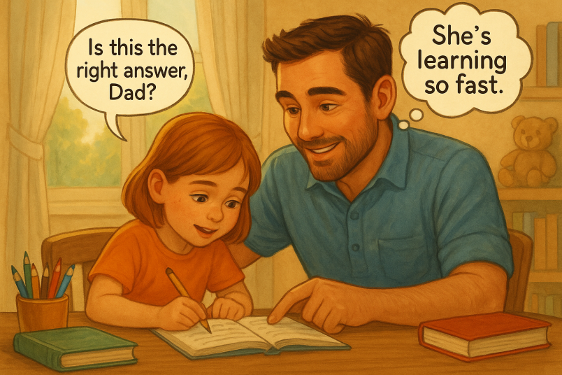 Father and daughter studying