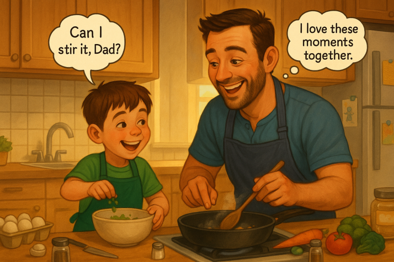 Father and son cooking together