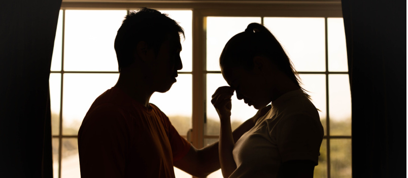 Depressed stressed couple talking to each other