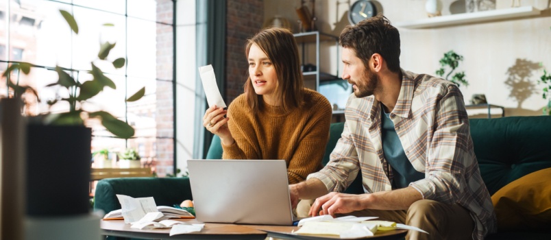 Happy couple doing accounting