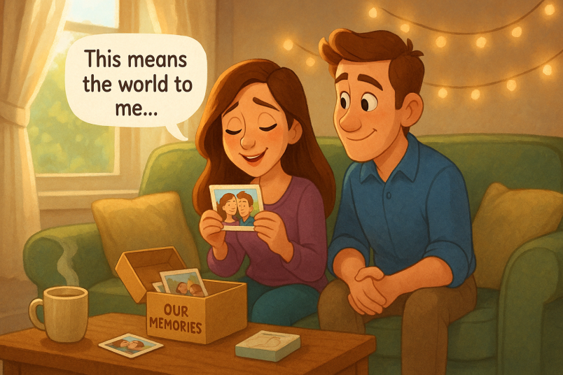 Husband gifts photos to wife