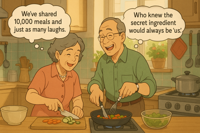 Old couple cooking together