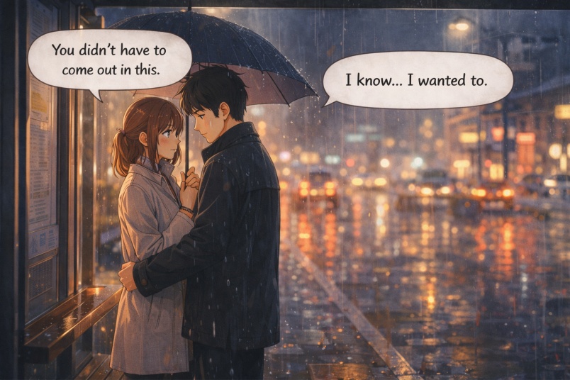 Rainy evening bus stop