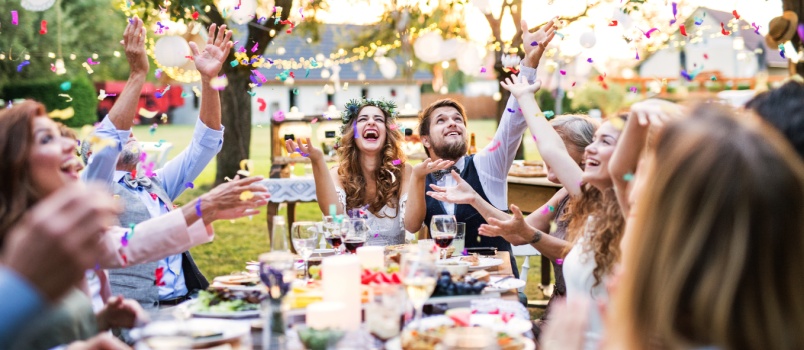 Bride and groom having wedding reception