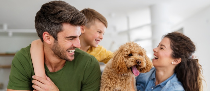 Happy family with dog having fun