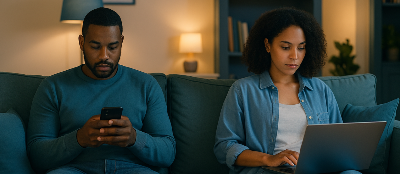 A couple sitting apart on a teal-blue couch in a modern, softly lit living room at night. Both focused on their devices, surrounded by subtle blue and gray decor.
