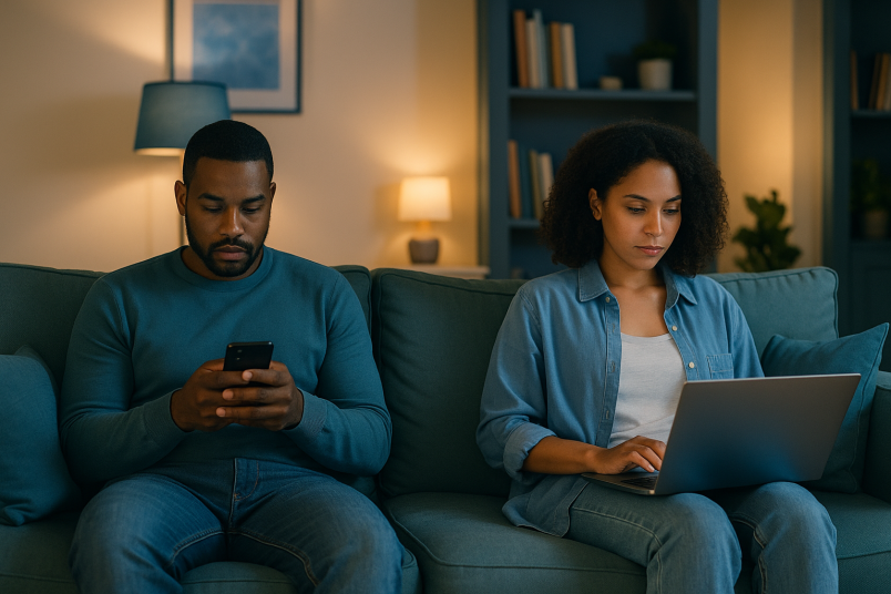 A couple sitting apart on a teal-blue couch in a modern, softly lit living room at night. Both focused on their devices, surrounded by subtle blue and gray decor.