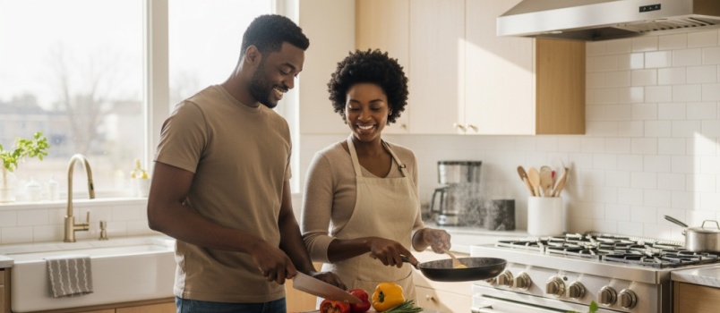 Young couple cooking in kitchen