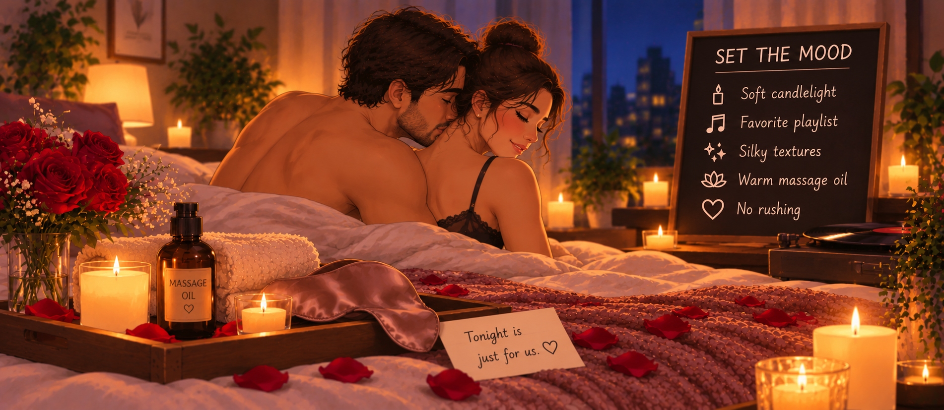 Habitación romántica con velas y toques sensoriales para parejas