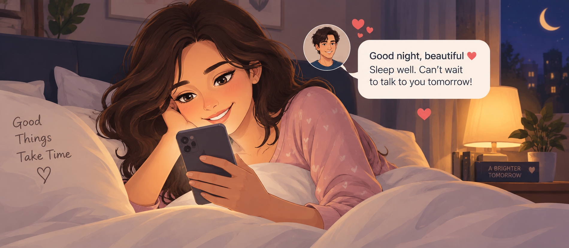 Mujer leyendo un reconfortante texto de buenas noches de su pareja antes de acostarse