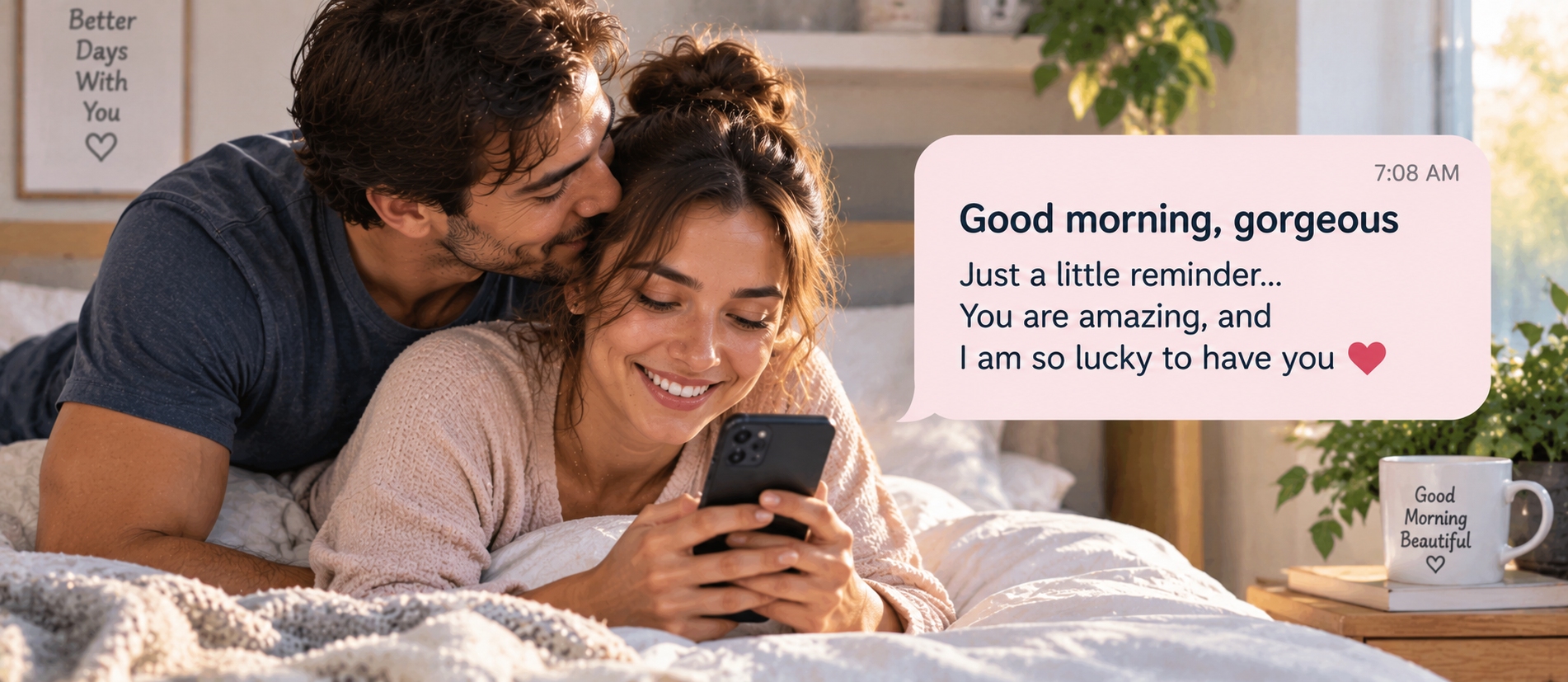 Pareja que comparte afecto mientras lee un romántico texto de buenos días