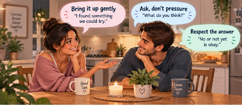 Couple discussing a new bedroom idea without pressure