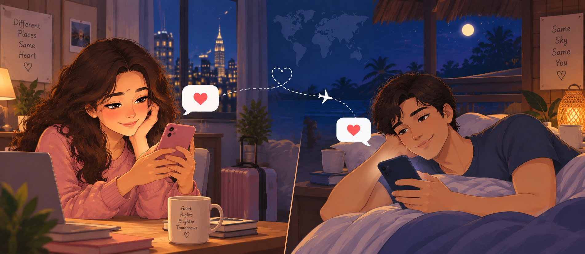 Pareja de larga distancia que envía lindos mensajes de buenas noches desde diferentes lugares