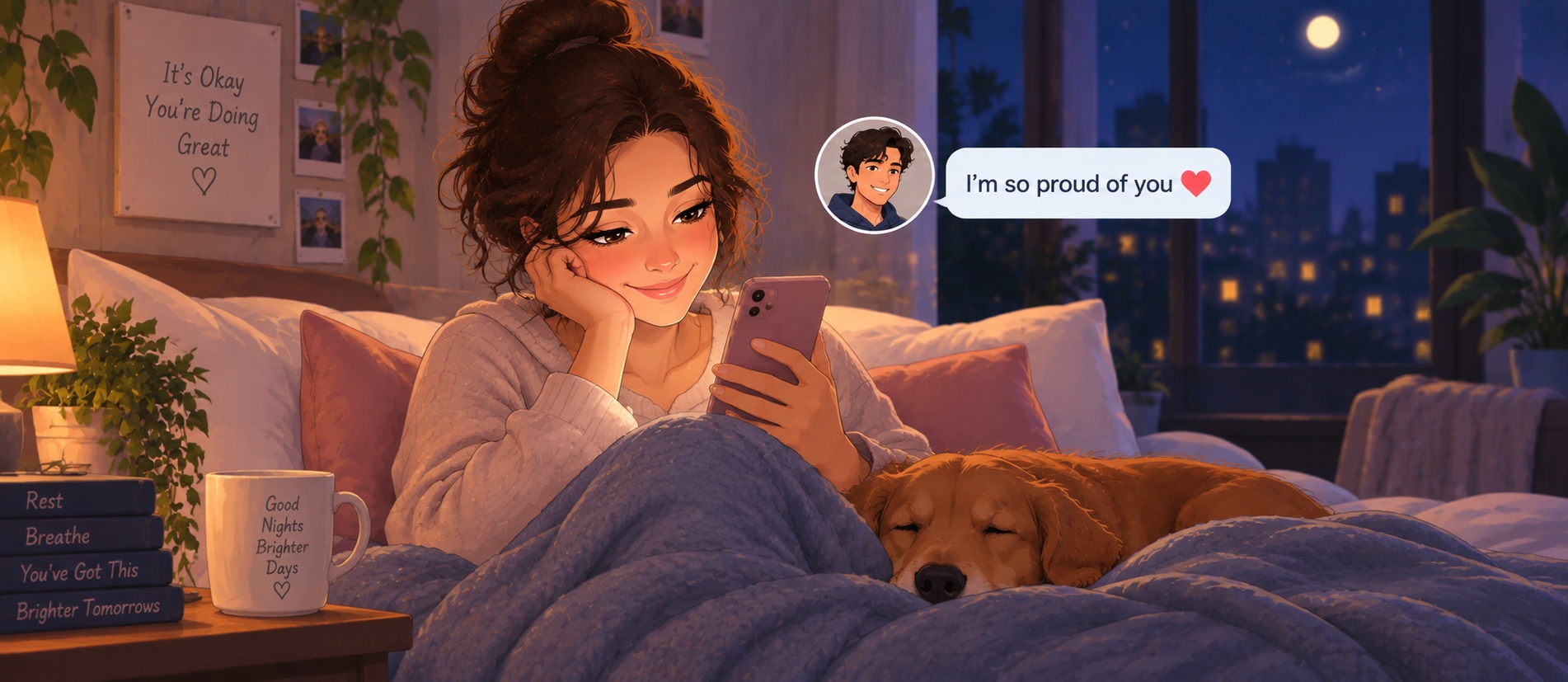 Pareja intercambiando mensajes románticos de buenas noches antes de irse a dormir
