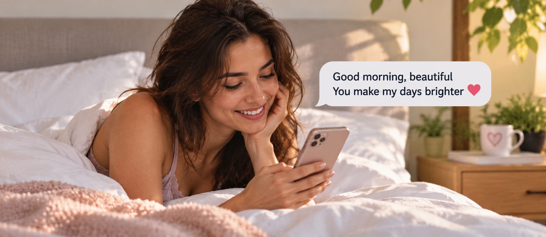 Mujer sonriendo mientras lee un texto romántico de buenos días en la cama