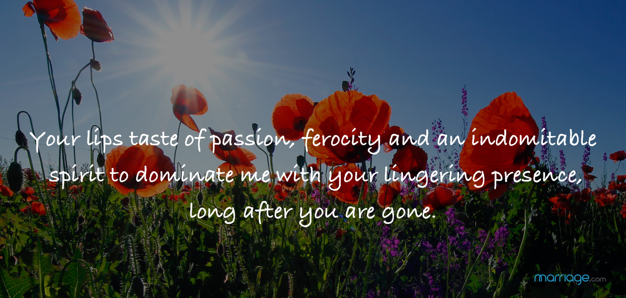 Your lips taste of passion, ferocity and an indomitable spirit to dominate me with your lingering presence, long after you are gone.